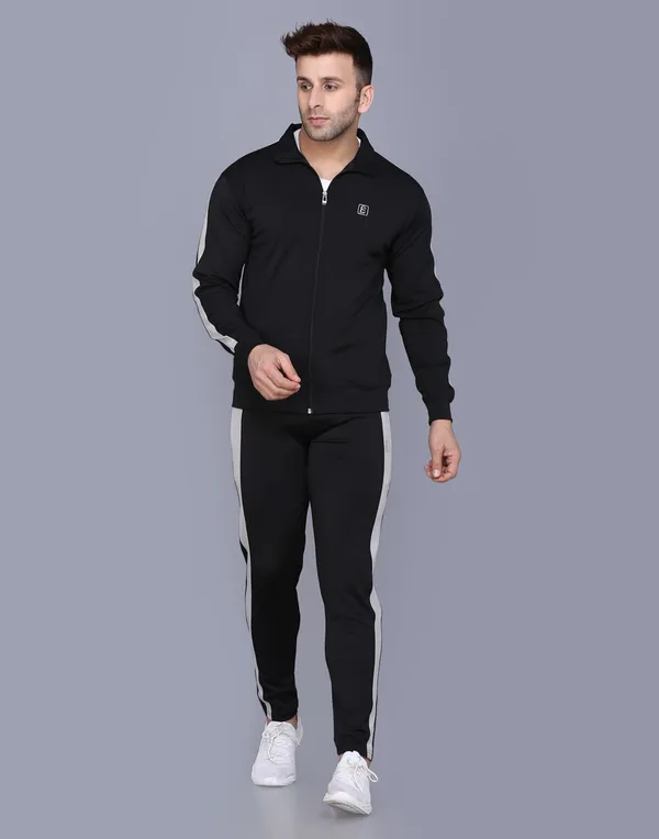 Black Polyester Blend White Stripe Track suit for Men (Size-XL)