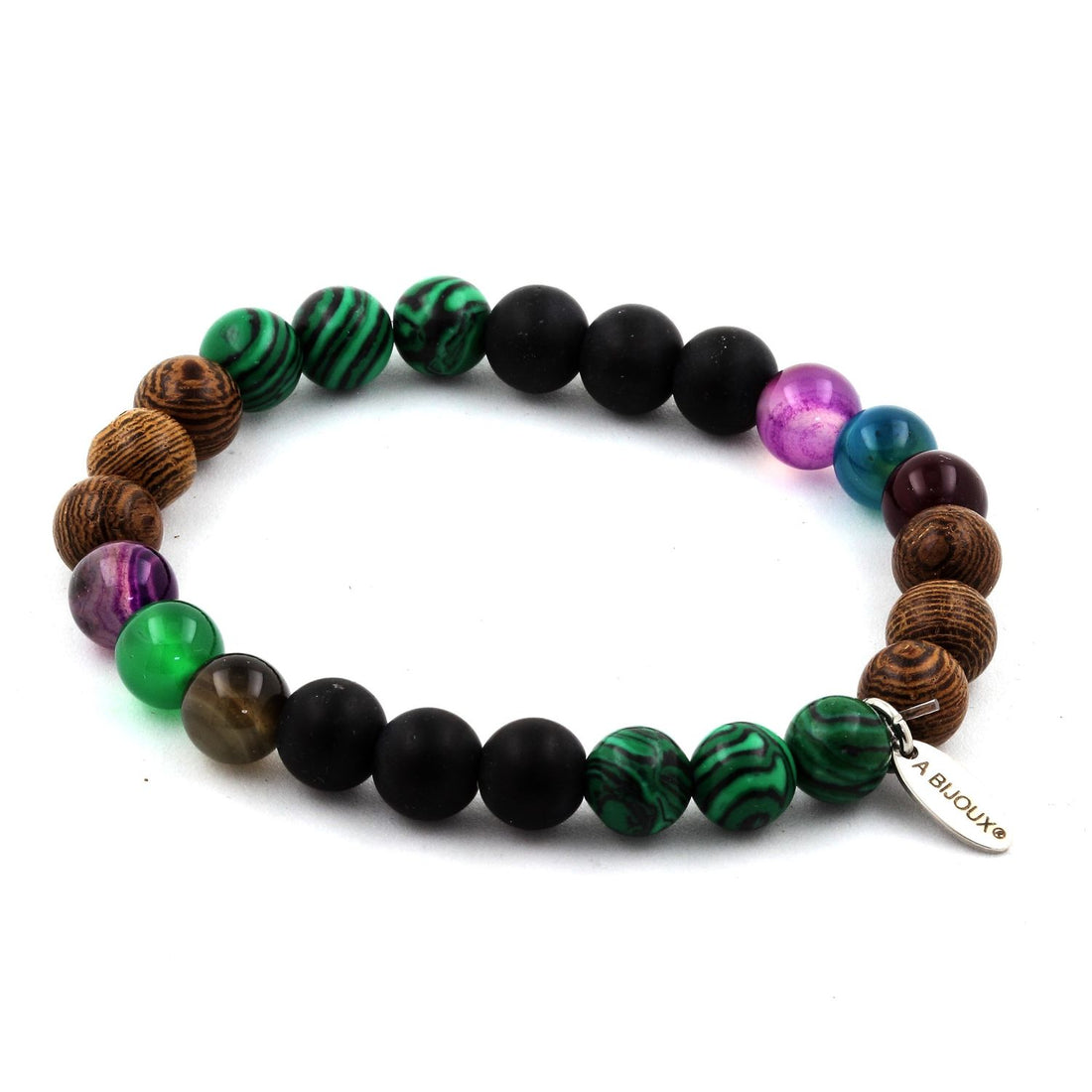 Multicolor Banded Agate + Malachite + Matte Black Onyx + Wood Bracelet