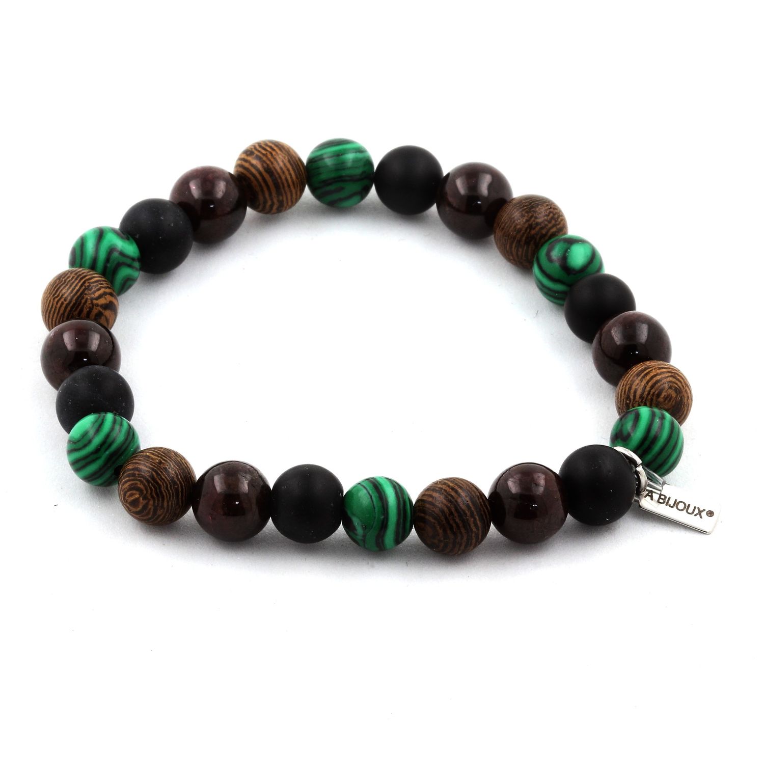 Garnet + Malachite + Matte Black Onyx + Wood Bracelet 8 mm Beads.