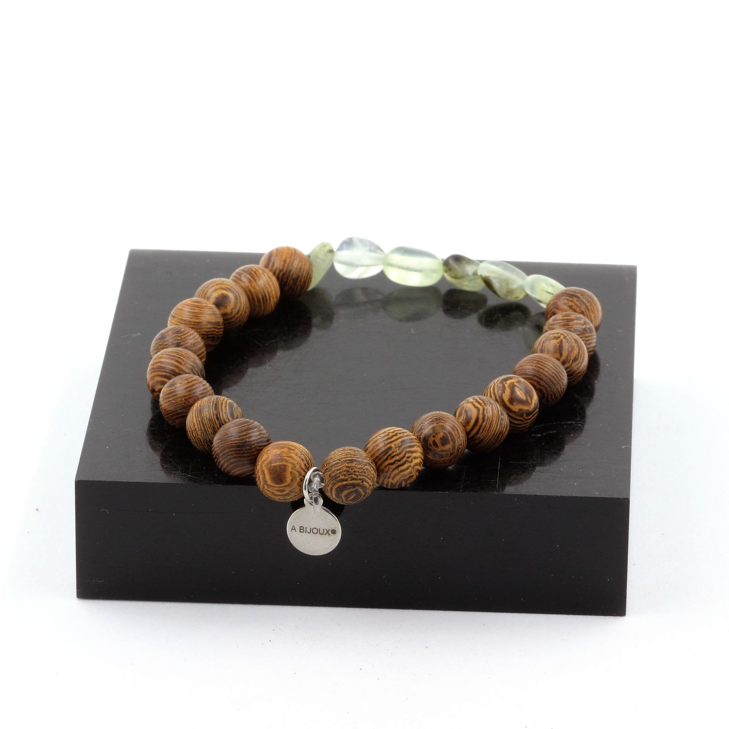 Prehnite from Canada + wood 8 mm beads Bracelet.