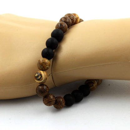 Landscape Jasper + Matte Black Onyx + Wood Bracelet 8 mm Beads.