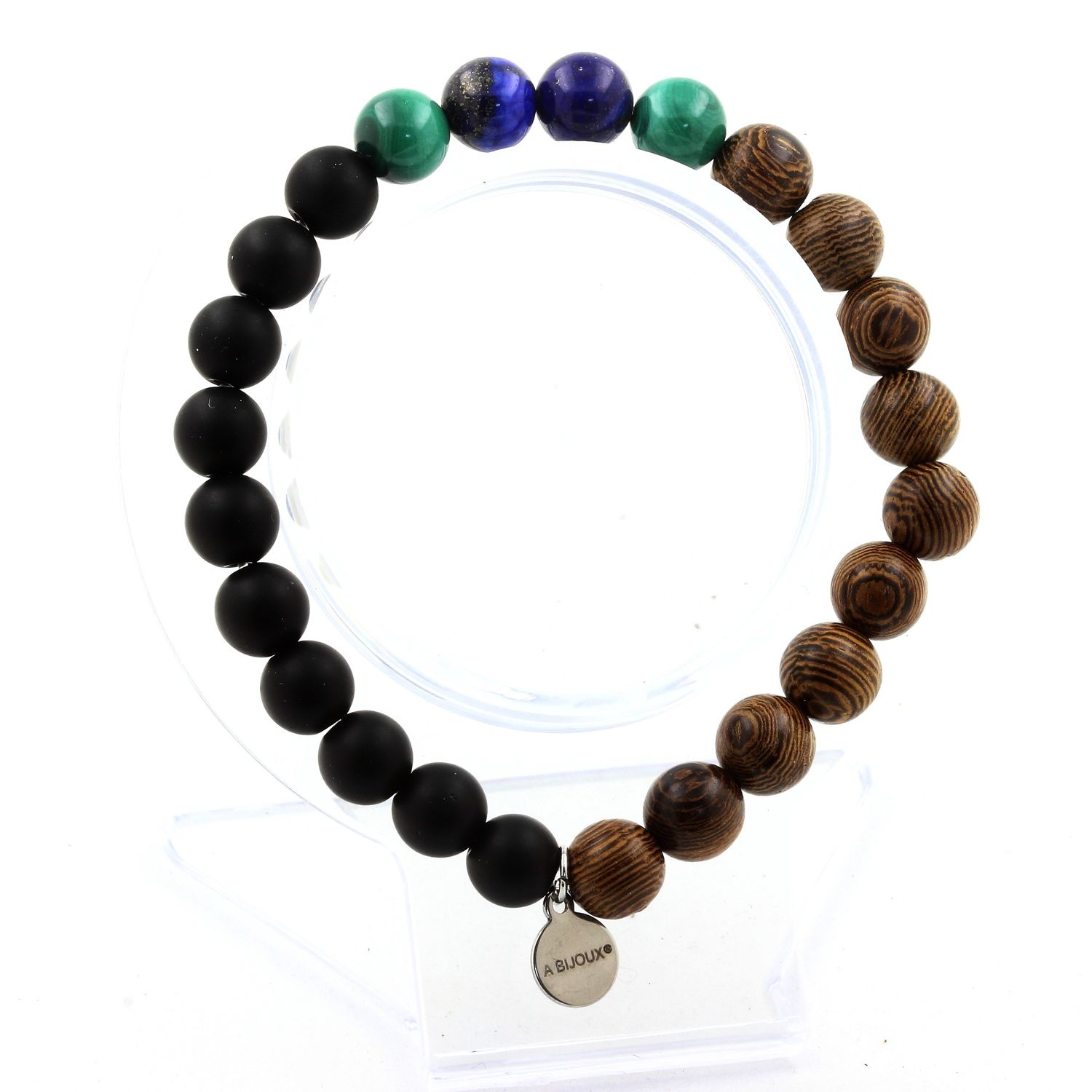 Malachite + Lapis Lazuli + Matte Black Onyx + Wood Bracelet