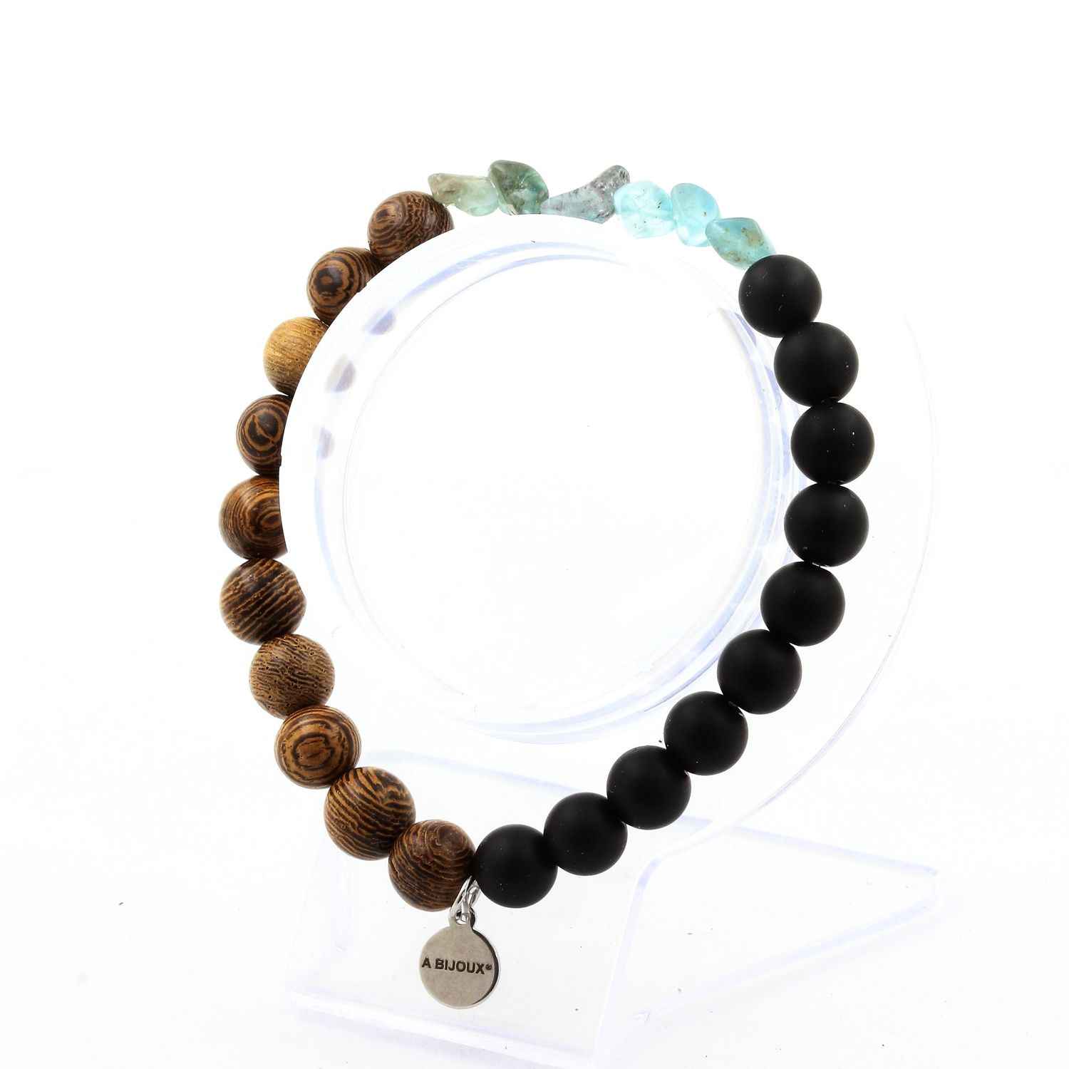 Apatite from Brazil + Matte Black Onyx + wood Bracelet 8 mm Beads.