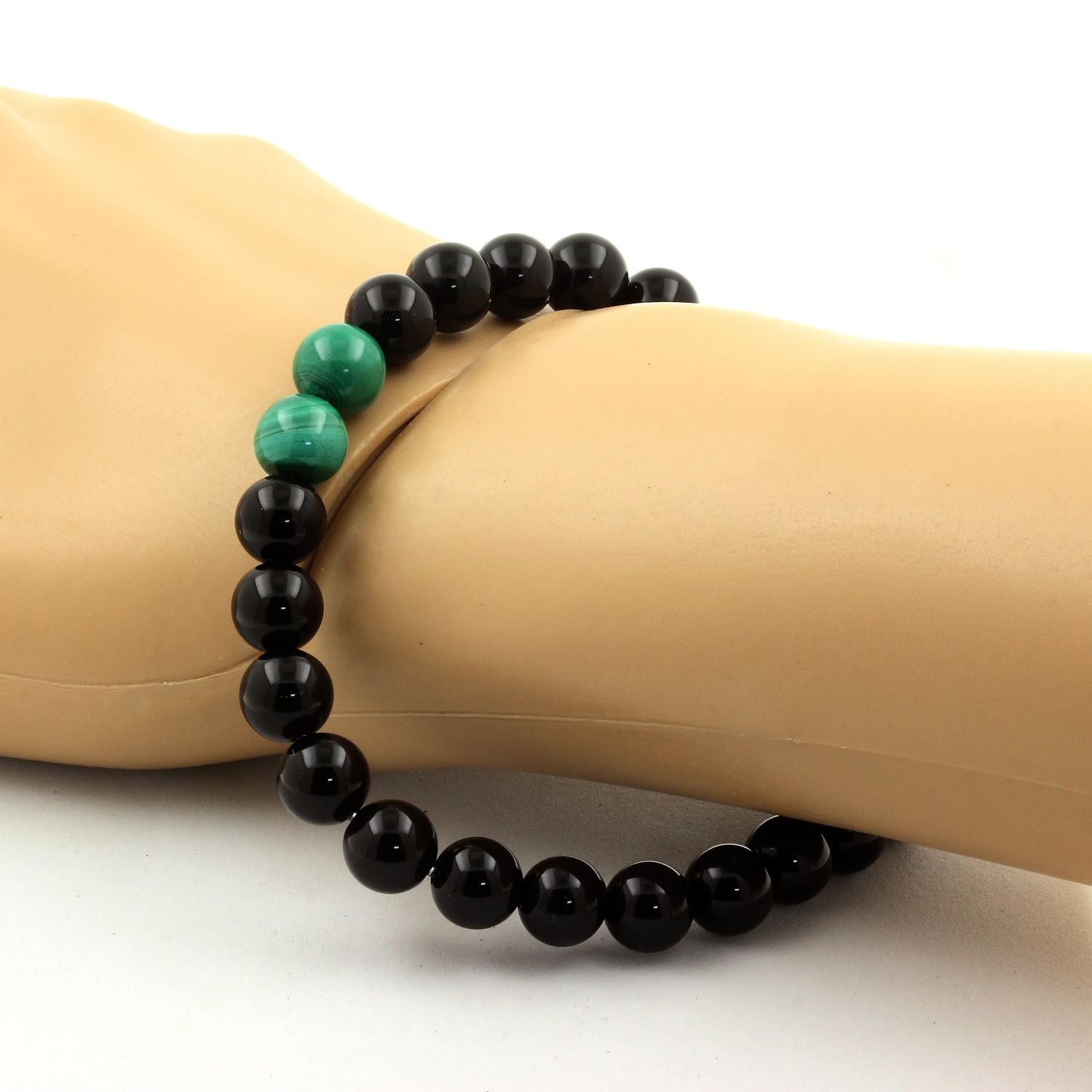 Malachite from Congo + Black Agate Bracelet 8 mm Beads.