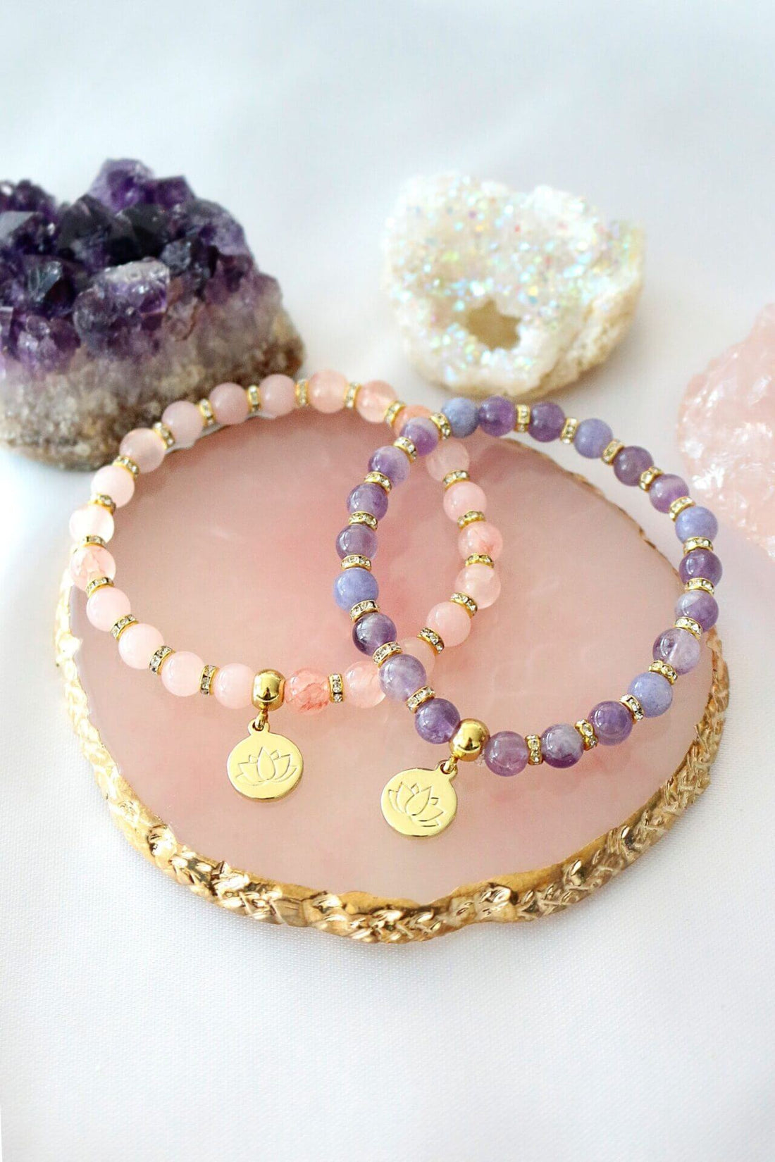 Rose Quartz – Amethyst Elastic Bracelet | 24K Lotus Flower Charm