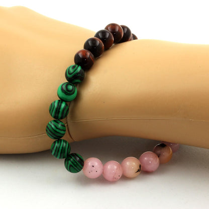 Pink Opal + Red Tiger Eye + Malachite + Wood Bracelet 8 mm Beads.