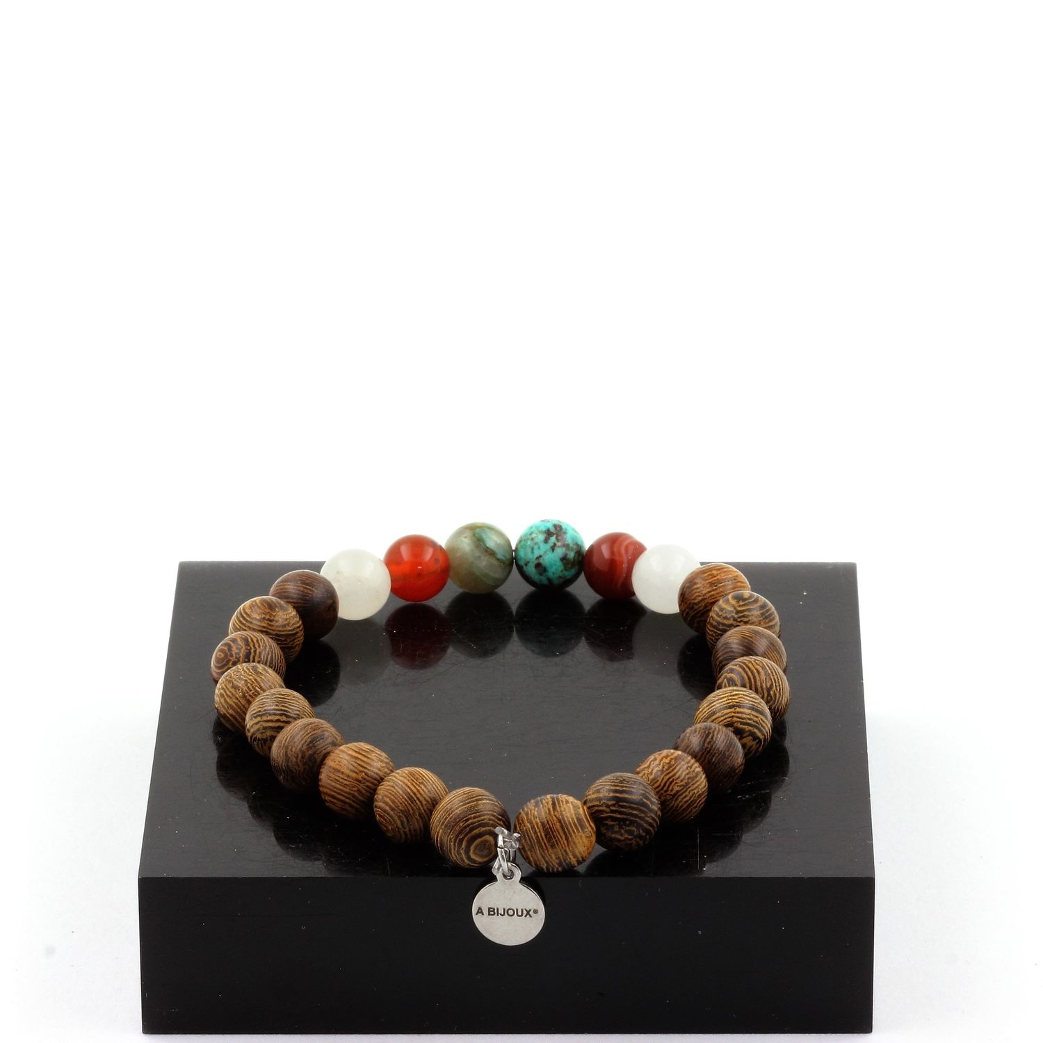 Chrysocolla from Namibia + Banded Agate + Moonstone + wood Bracelet