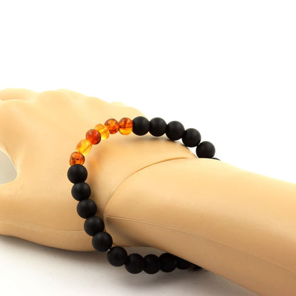 Genuine Baltic Sea Amber + Matte Black Onyx Bracelet 8 mm Beads.