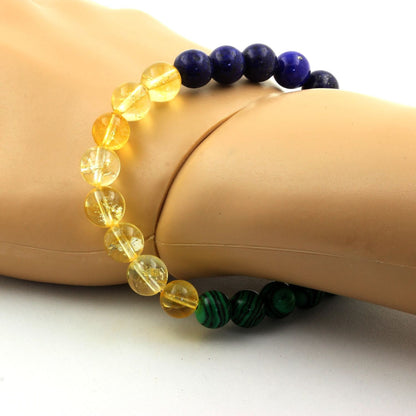 Lapis Lazuli + Citrine + Malachite Bracelet 8 mm Beads.