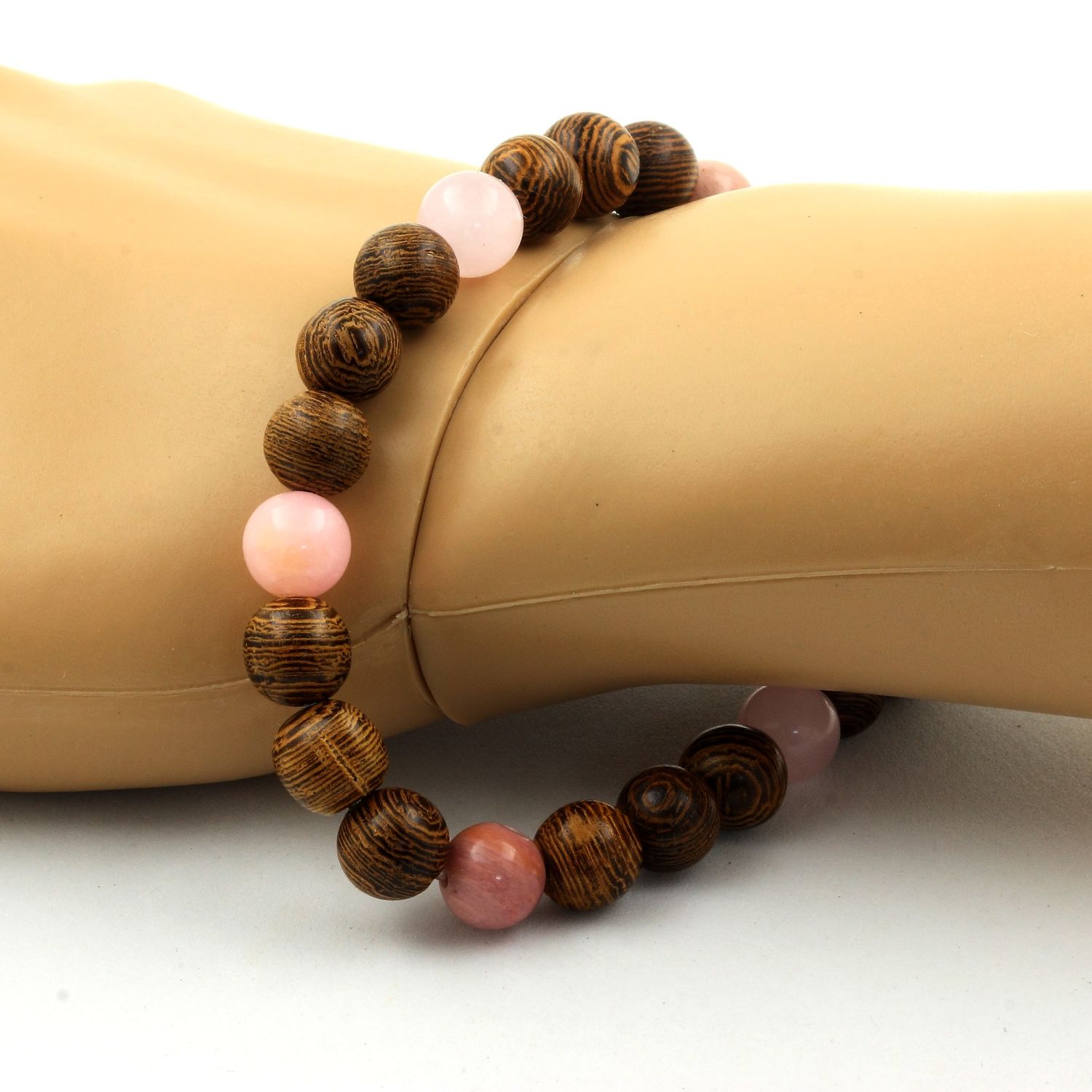 Pink Opal + Rhodonite + Pink Quartz + Wood Bracelet 8 mm Beads.