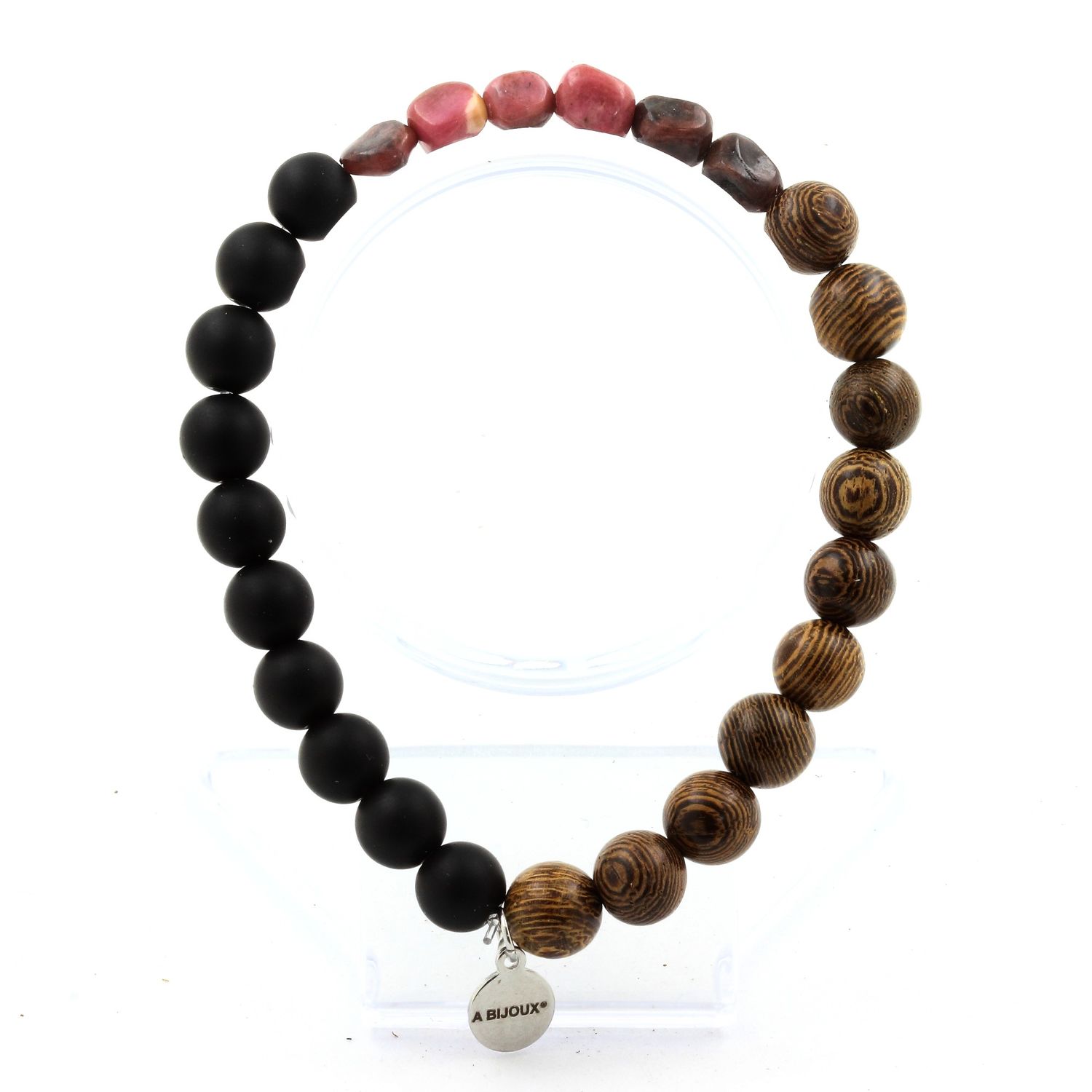 Rhodochrosite + Matte Black Onyx + wood Bracelet 8 mm Beads.