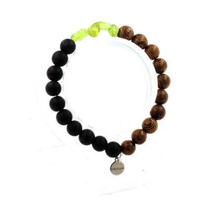 Peridot + Matte Black Onyx + Wood Bracelet 8 mm Beads.