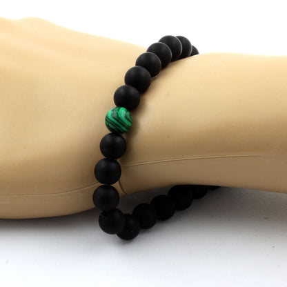 Matte Black Onyx + Malachite Bracelet 8 mm Beads.