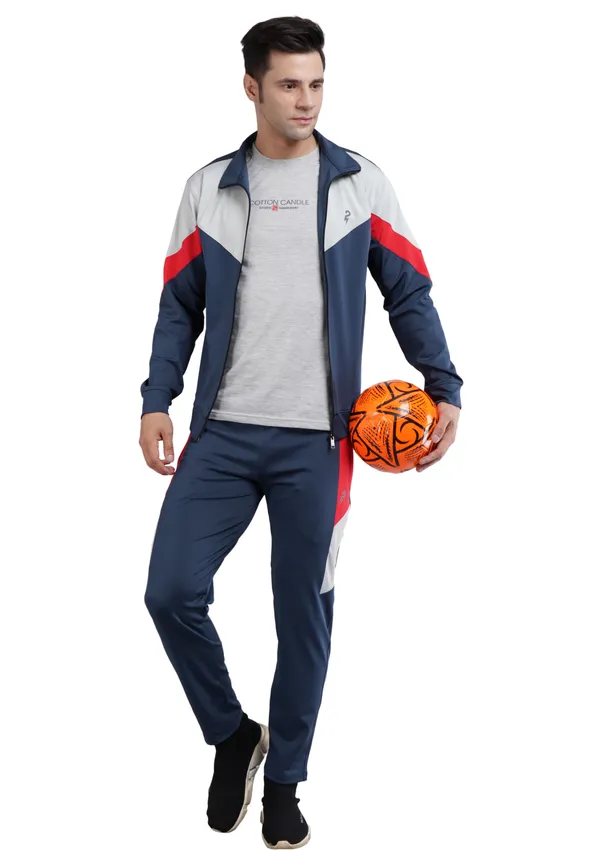 Black Polyester Track suit for Men (Color-BLU&amp;L-GRY) (Size-L)