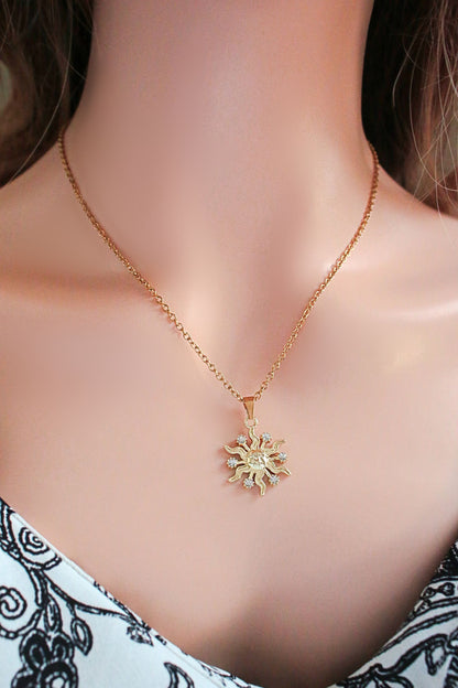 24 Karats CZ Sun Pendant Necklace