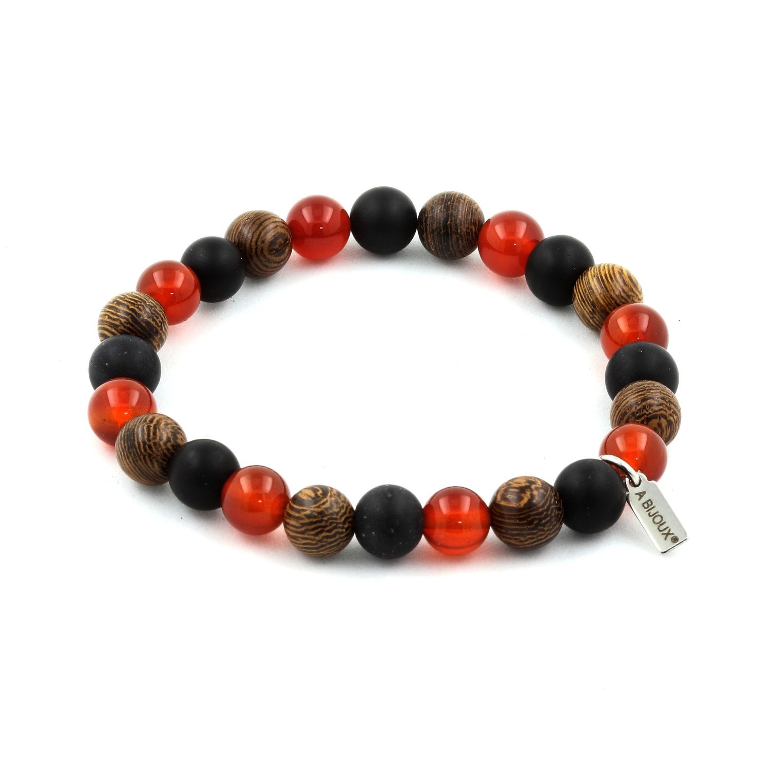 Red Agate + Matte Black Onyx + Wood Bracelet 8 mm Beads.