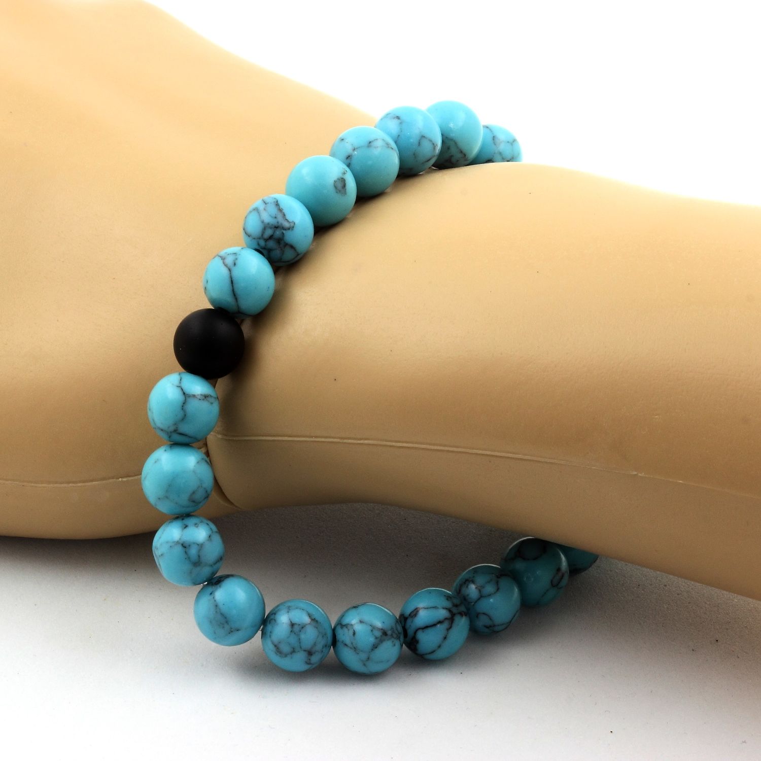 Turquoise + Matte Black Onyx Bracelet 8 mm Beads.