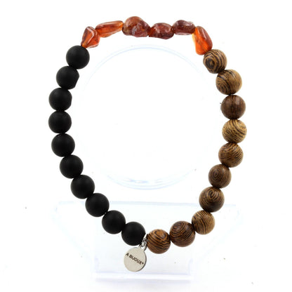 Spessartine Garnet + Matte Black Onyx + wood Bracelet 8 mm Beads.