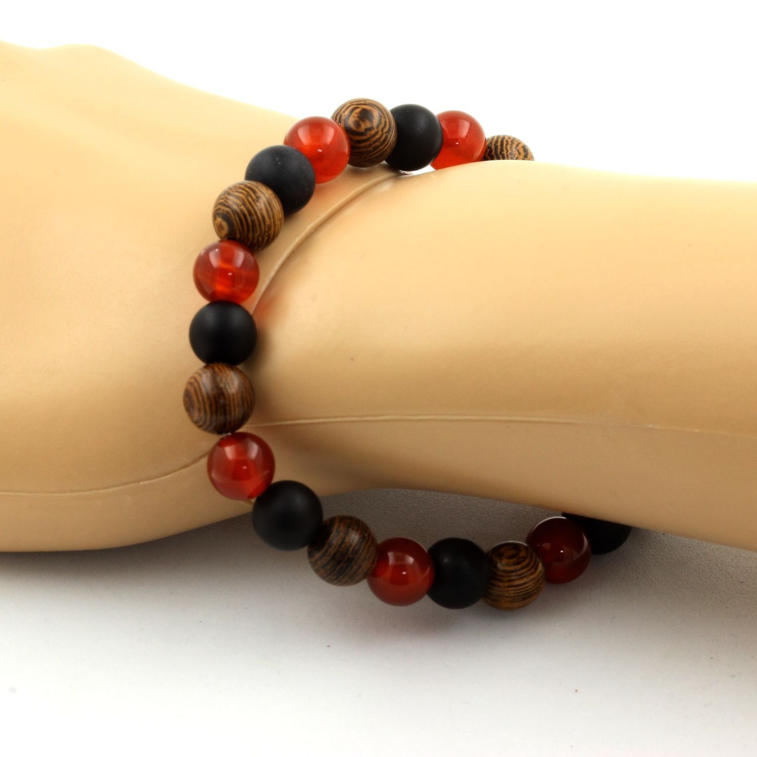 Red Agate + Matte Black Onyx + Wood Bracelet 8 mm Beads.