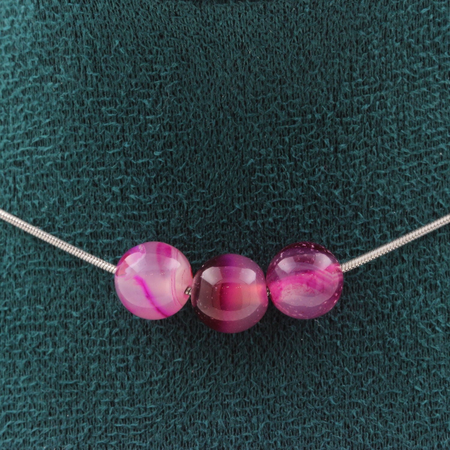 Pink banded Agate 3 beads necklace 8 mm