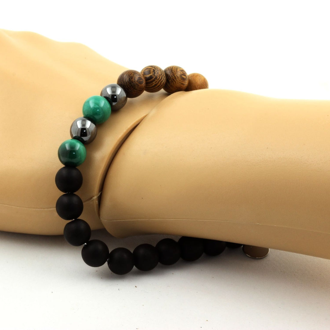 Malachite + Hematite + Matte Black Onyx + Wood Bracelet 8 mm Beads.