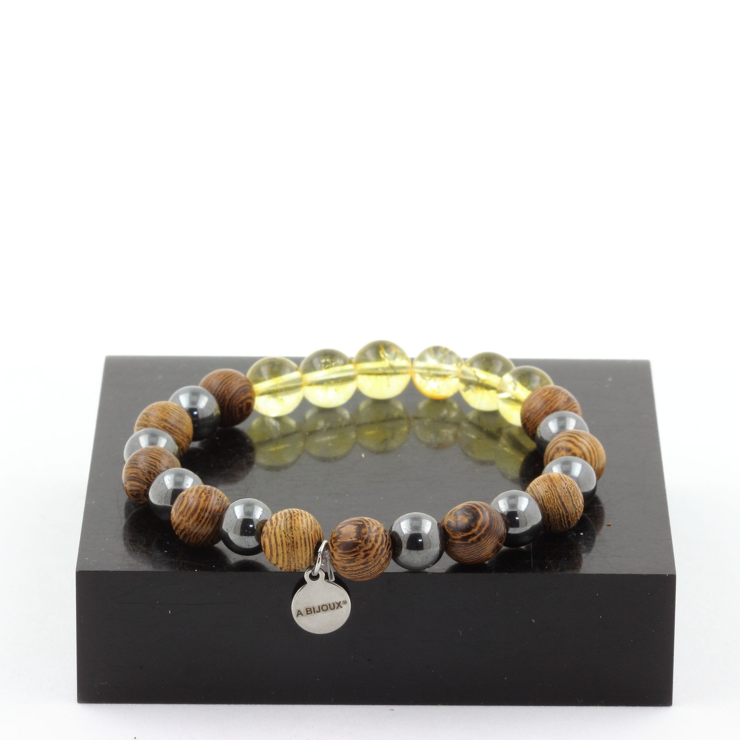 Citrine + Hematite + wood 8 mm beads Bracelet.