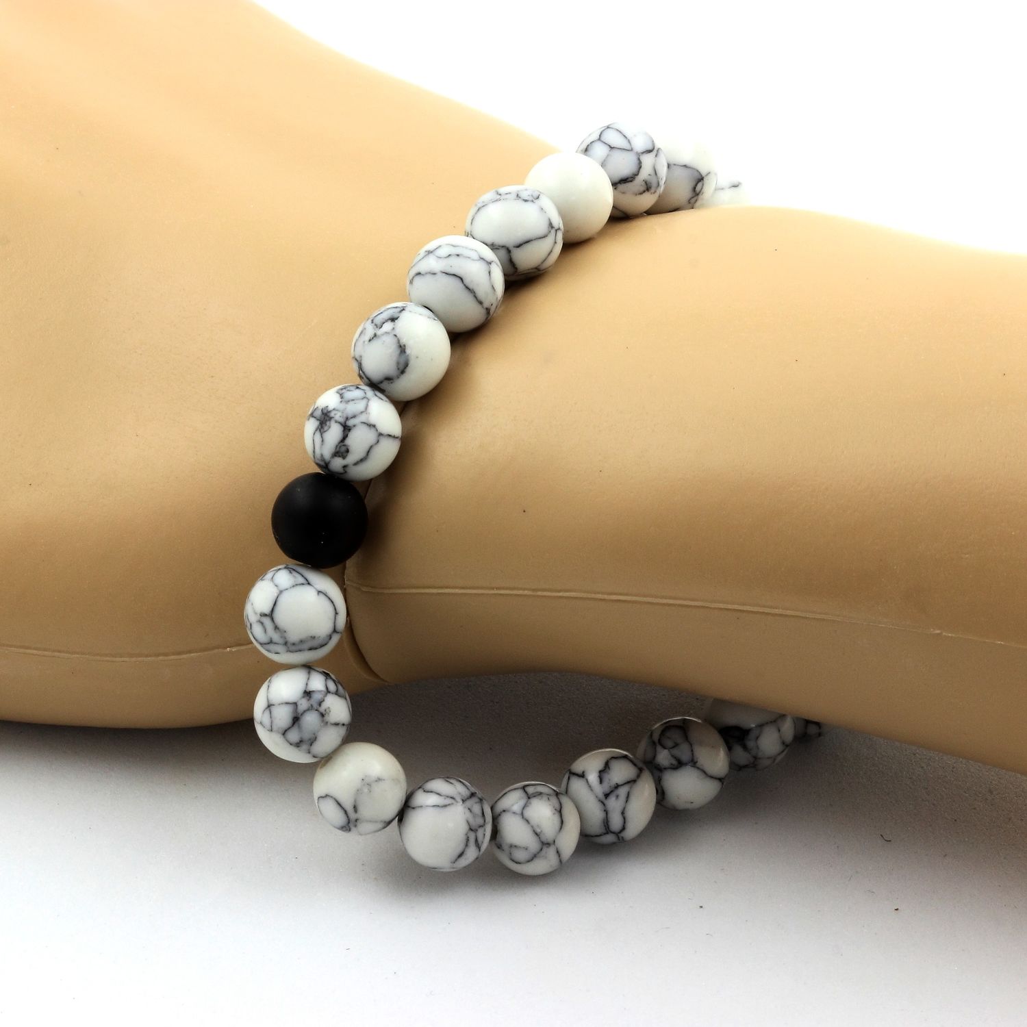 Howlite + Matte Black Onyx Bracelet 8 mm Beads.