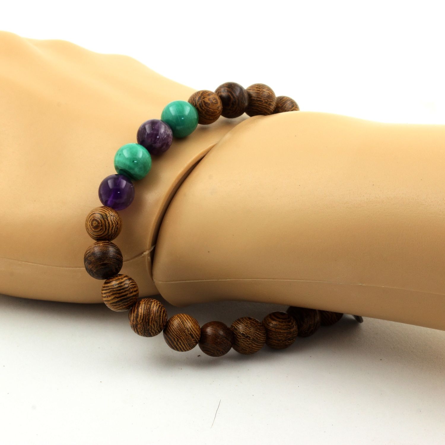 Malachite from Congo + Amethyst + wood Bracelet 8 mm Beads.