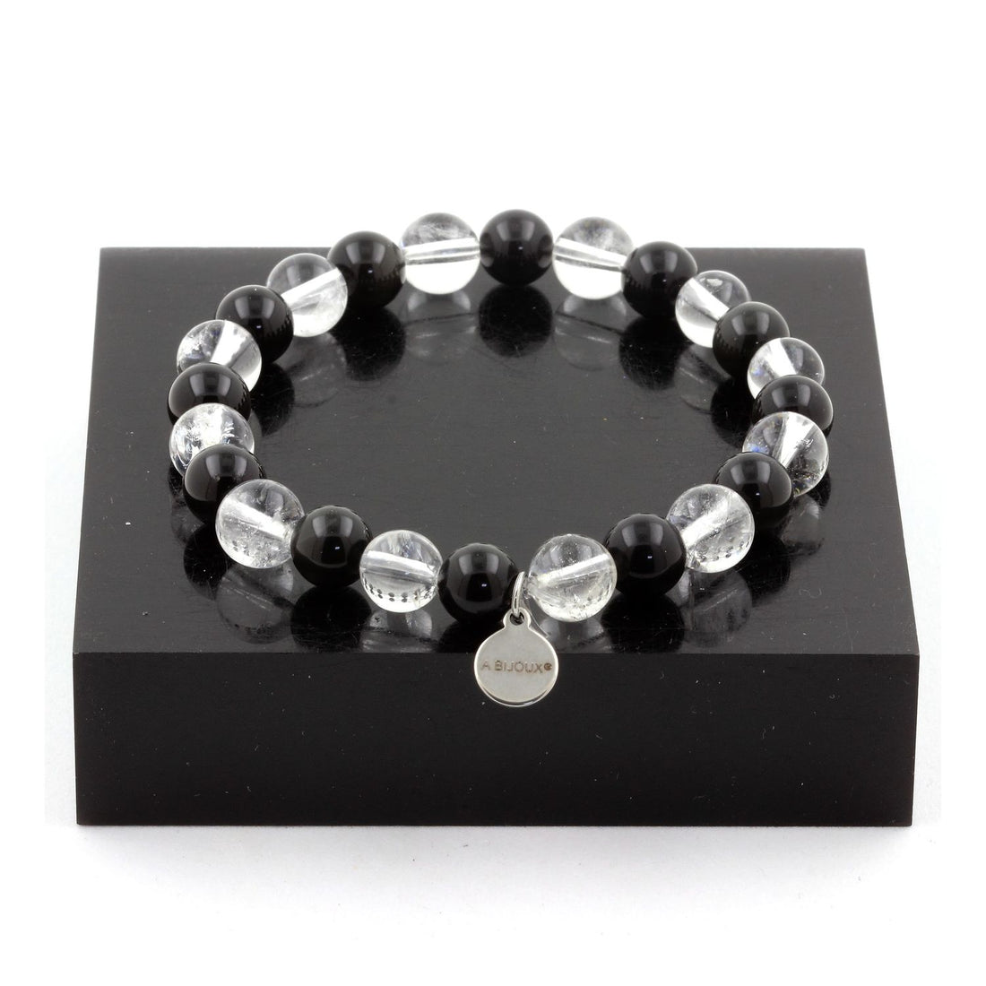 Black Obsidian + Quartz Bracelet 8 mm Beads.