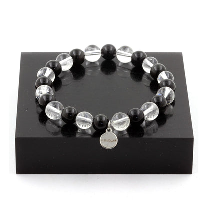 Black Obsidian + Quartz Bracelet 8 mm Beads.