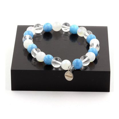 Blue Chalcedony + Quartz + Moonstone Bracelet 8 mm Beads.