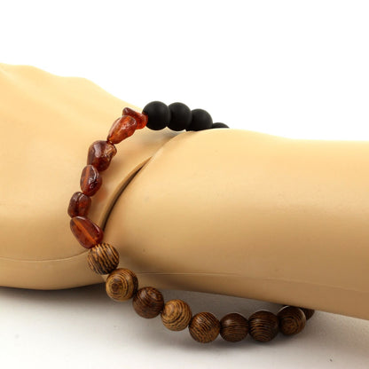 Spessartine Garnet + Matte Black Onyx + wood Bracelet 8 mm Beads.