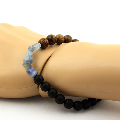 Blue Kyanite + Matte black Onyx + wood Bracelet 8 mm Beads.