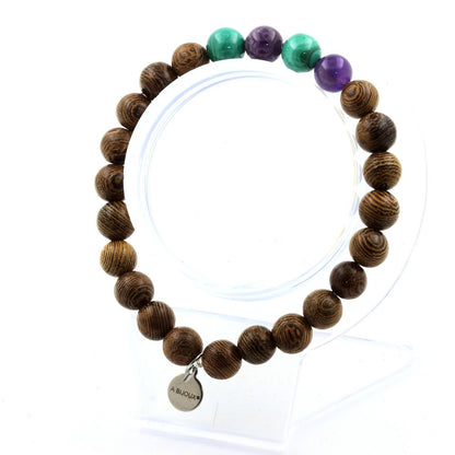 Malachite from Congo + Amethyst + wood Bracelet 8 mm Beads.