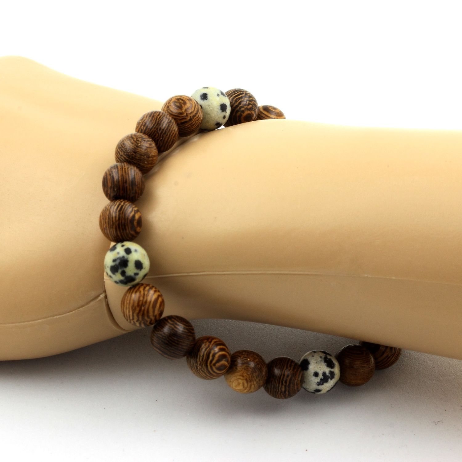 Dalmatian Jasper + wood Bracelet 8 mm Beads.