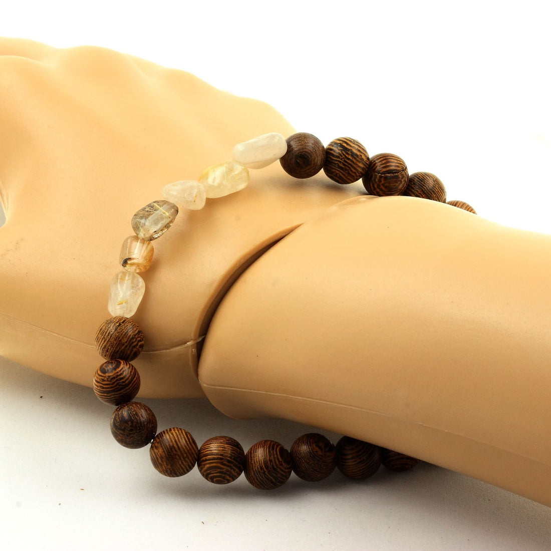 Golden Rutilated Quartz from Brazil + wood Bracelet 8 mm Beads.