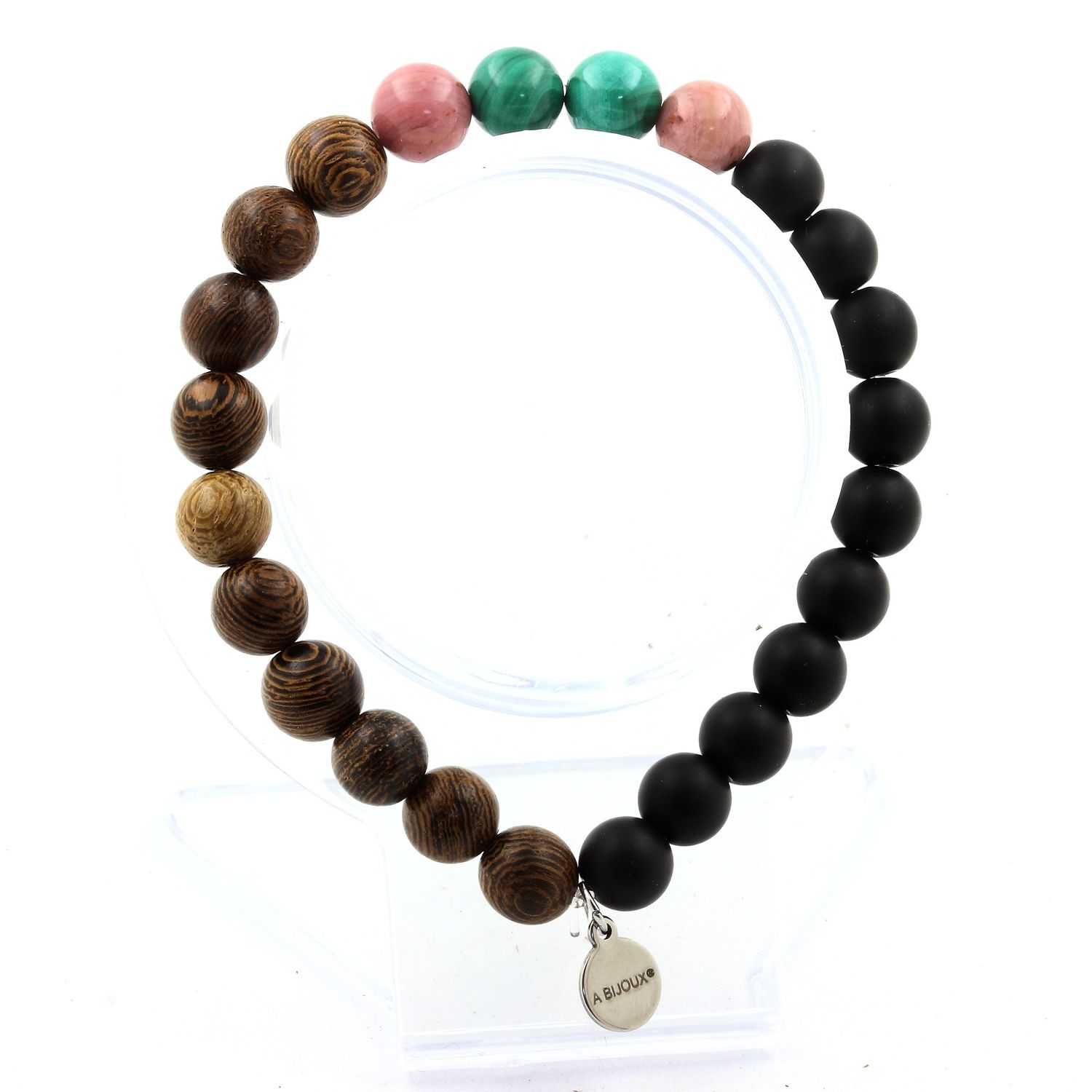 Malachite + Rhodonite + Matte Black Onyx + Wood Bracelet 8 mm Beads.