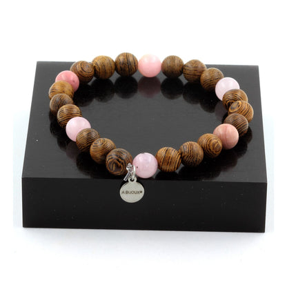 Pink Opal + Rhodonite + Pink Quartz + Wood Bracelet 8 mm Beads.