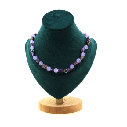 Charoite + Lavender Chalcedony + Hematite beads 8 mm necklace.