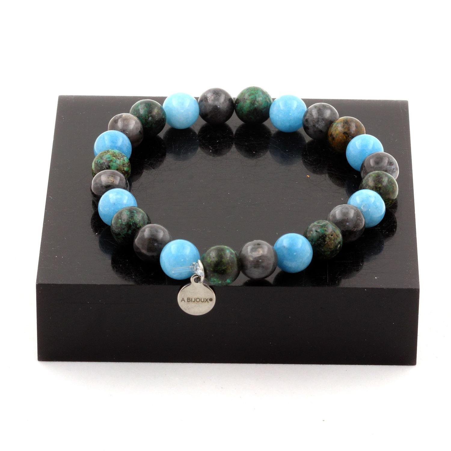 Blue Chalcedony + Labradorite + African Turquoise Bracelet 8 mm Beads.