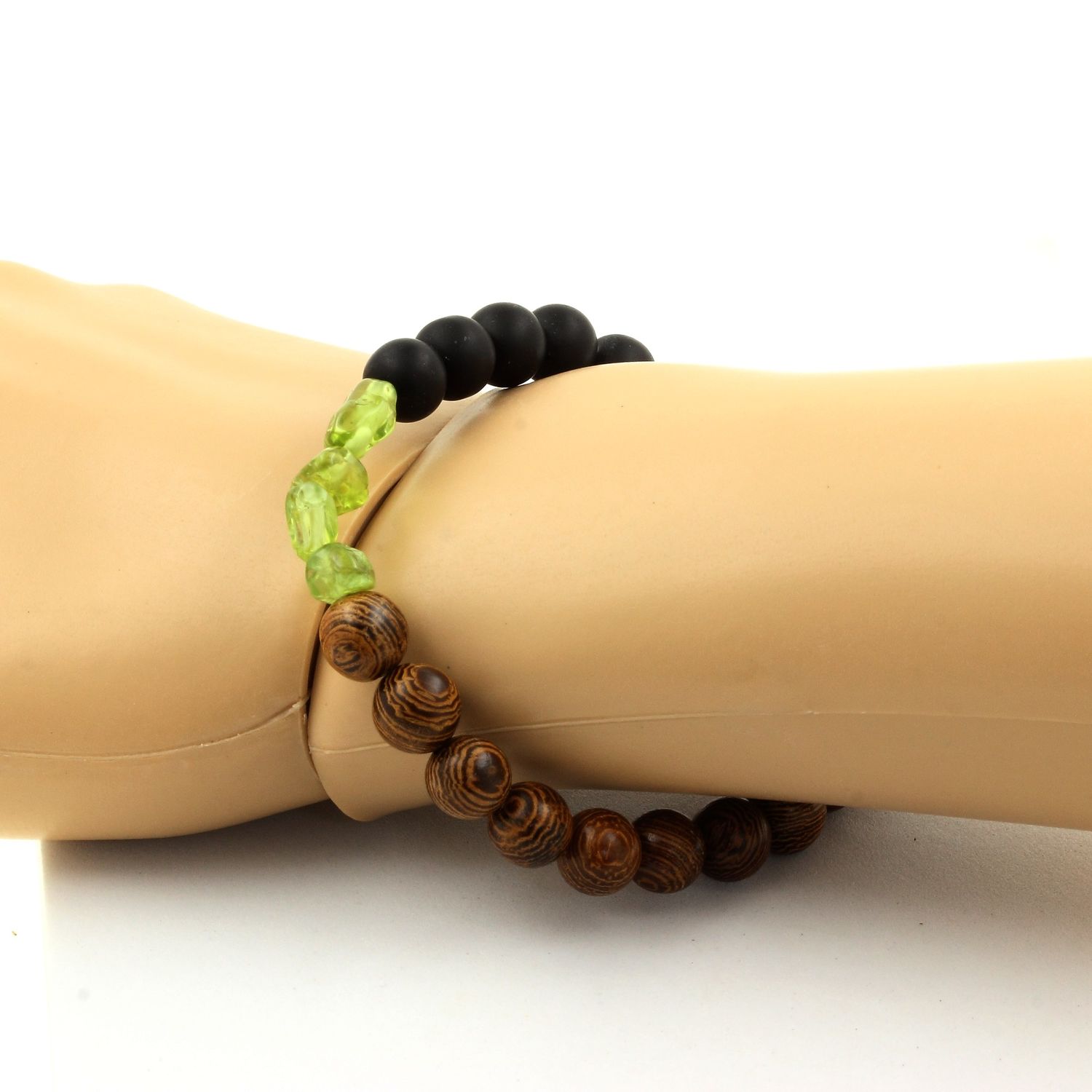 Peridot + Matte Black Onyx + Wood Bracelet 8 mm Beads.