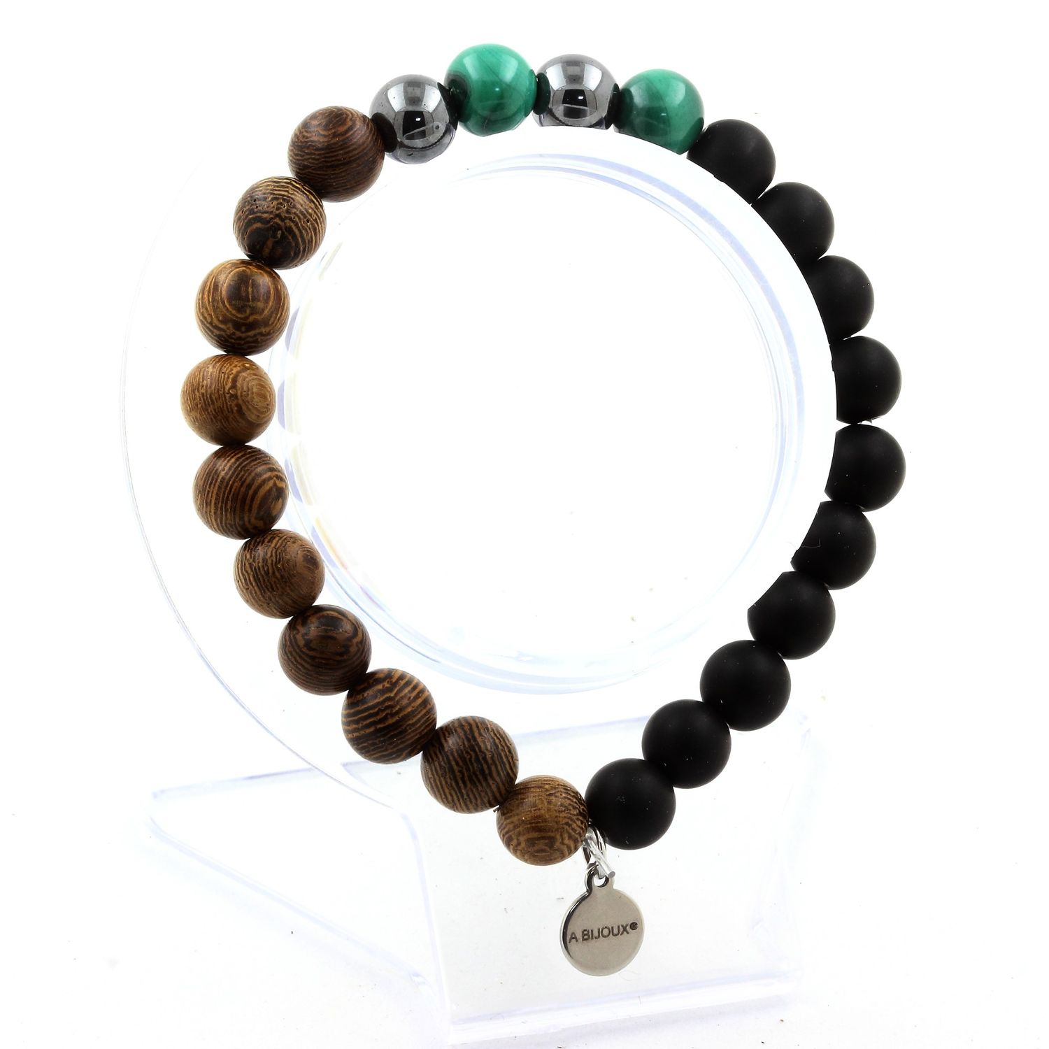 Malachite + Hematite + Matte Black Onyx + Wood Bracelet 8 mm Beads.