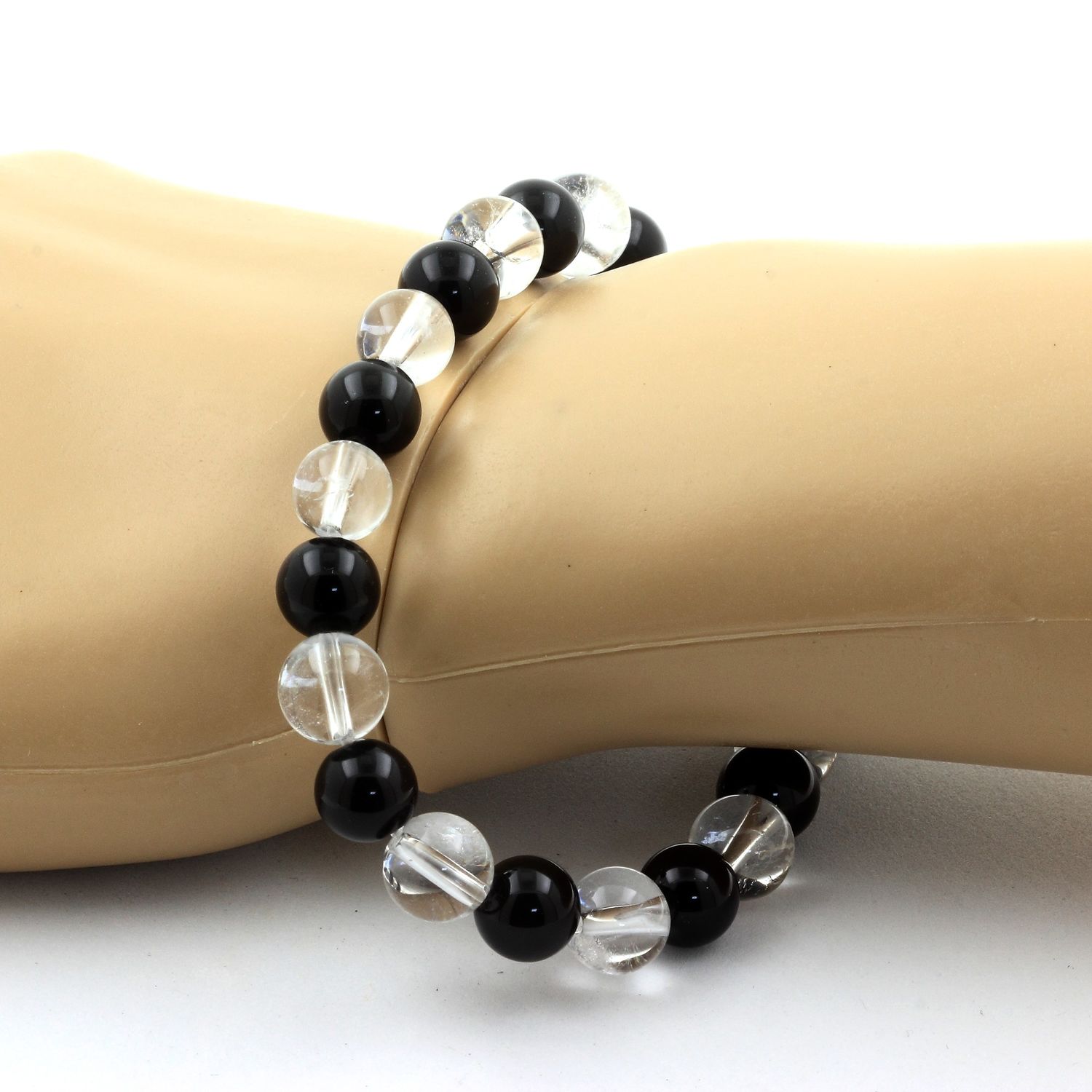 Black Obsidian + Quartz Bracelet 8 mm Beads.