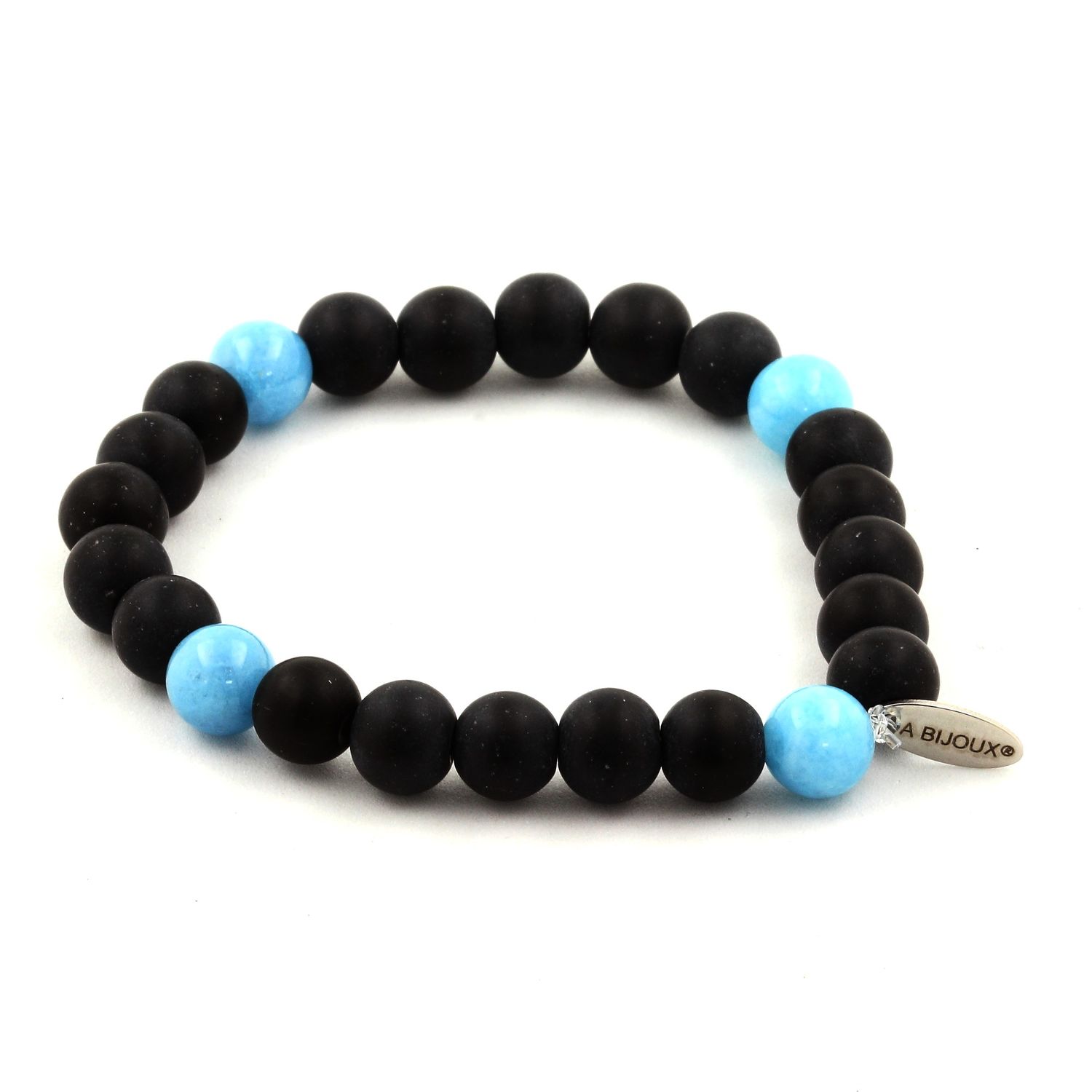 Matte Black Onyx + Blue Chalcedony Bracelet 8 mm.