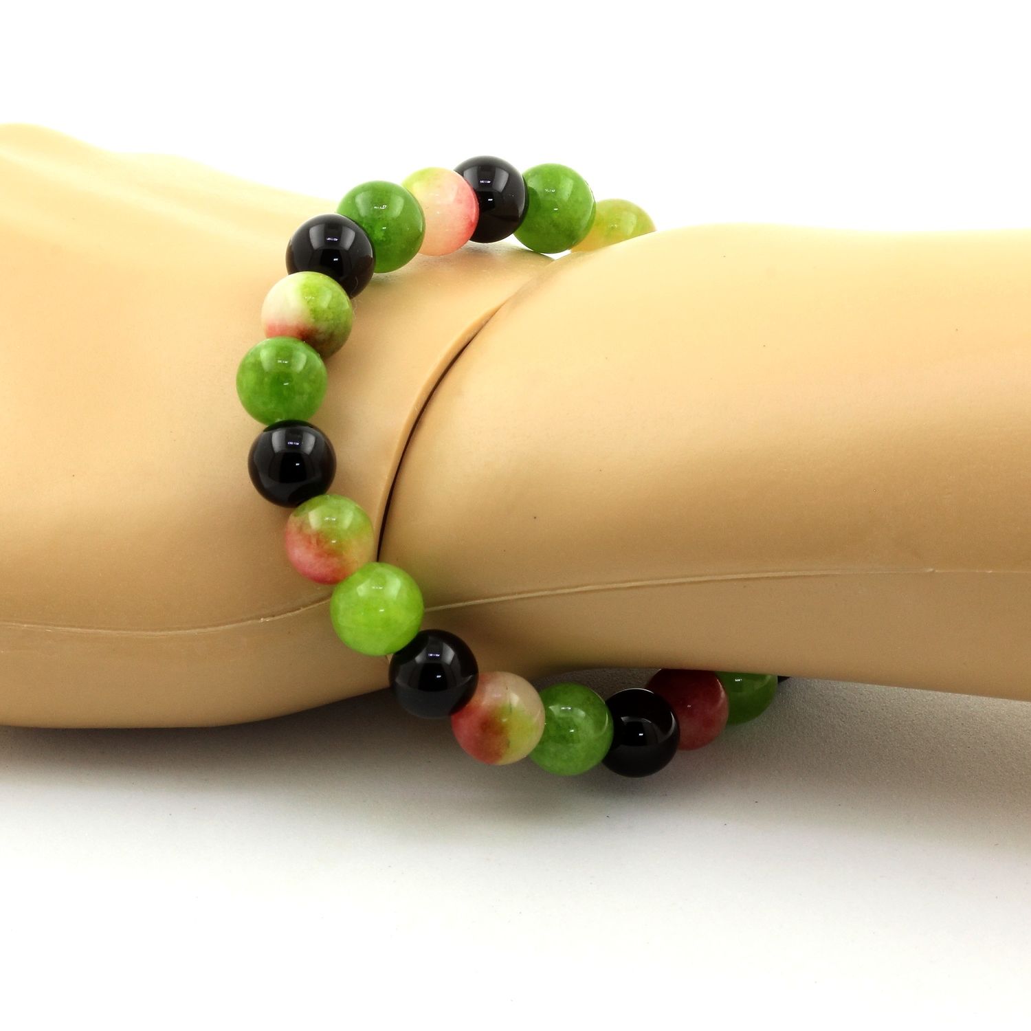 Watermelon Tourmaline + Black Agate + Peridot Bracelet 8 mm Beads.