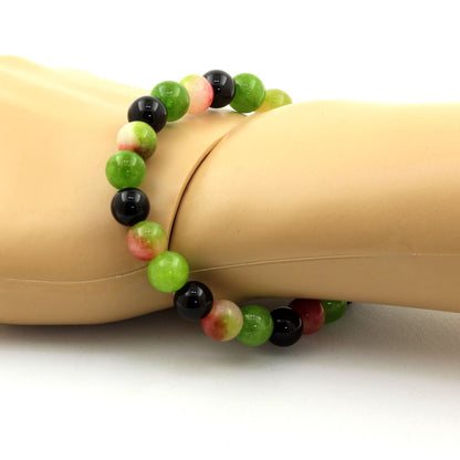 Watermelon Tourmaline + Black Agate + Peridot Bracelet 8 mm Beads.