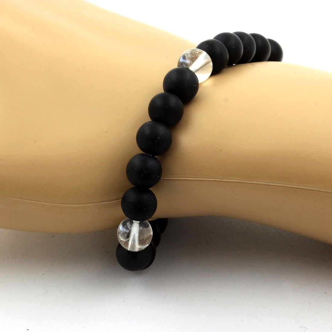 Quartz + Matte Black Onyx Bracelet 8 mm Beads.