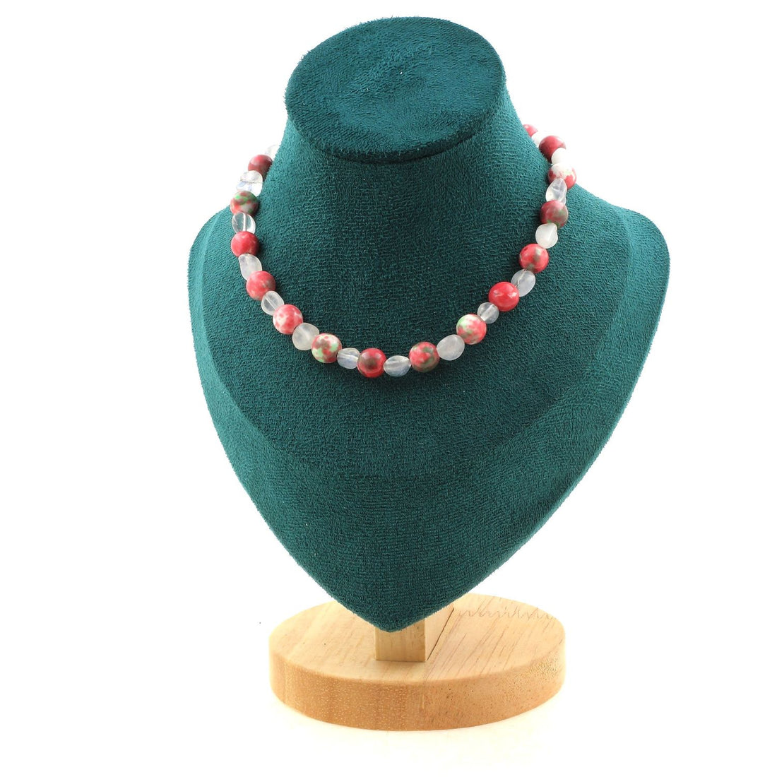 Moonstone + Red Green Jasper 8 mm beads necklace.