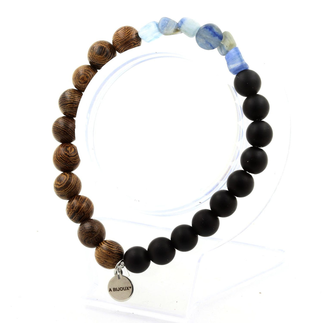 Blue Kyanite + Matte black Onyx + wood Bracelet 8 mm Beads.