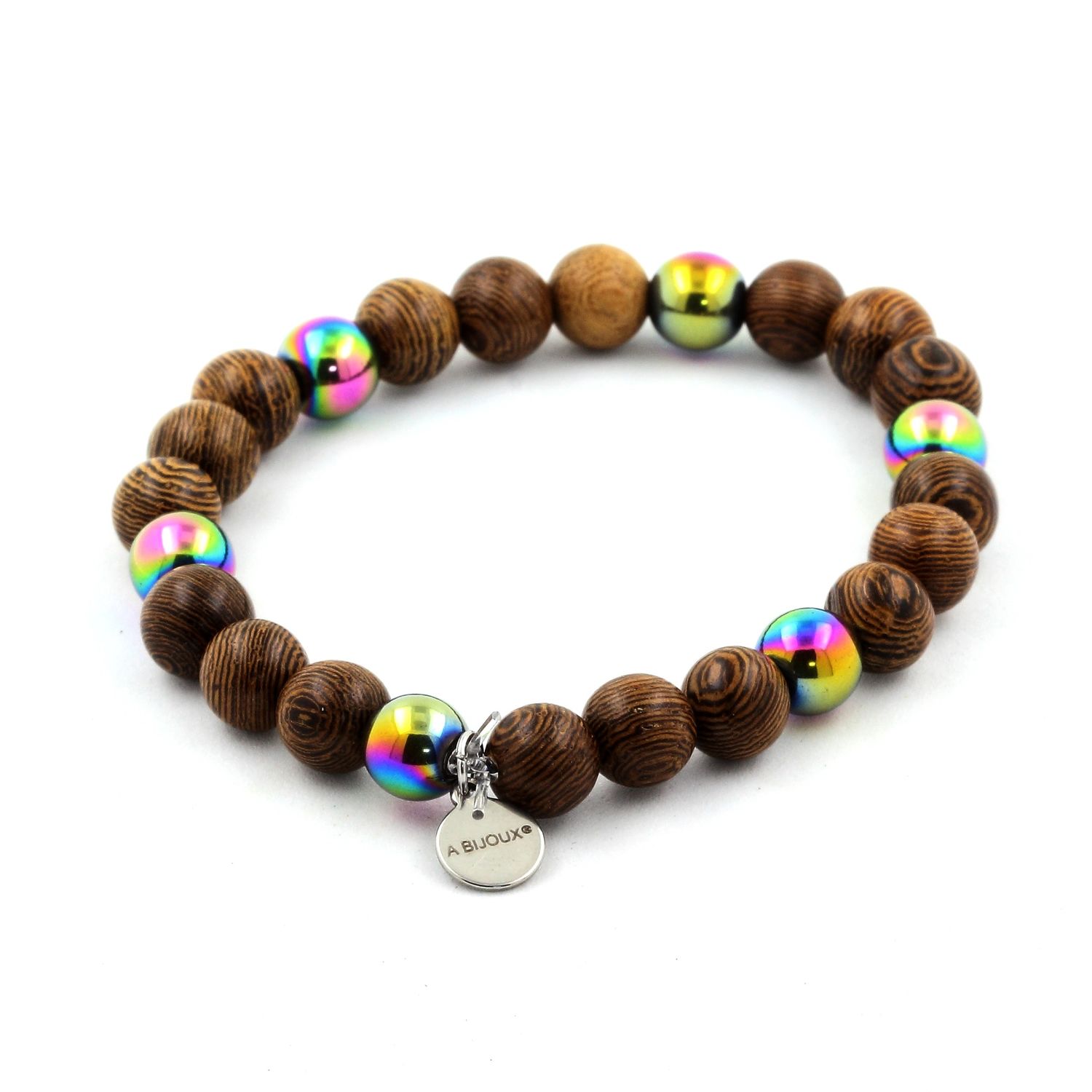 Multicolor hematite + wood Bracelet 8 mm Beads.